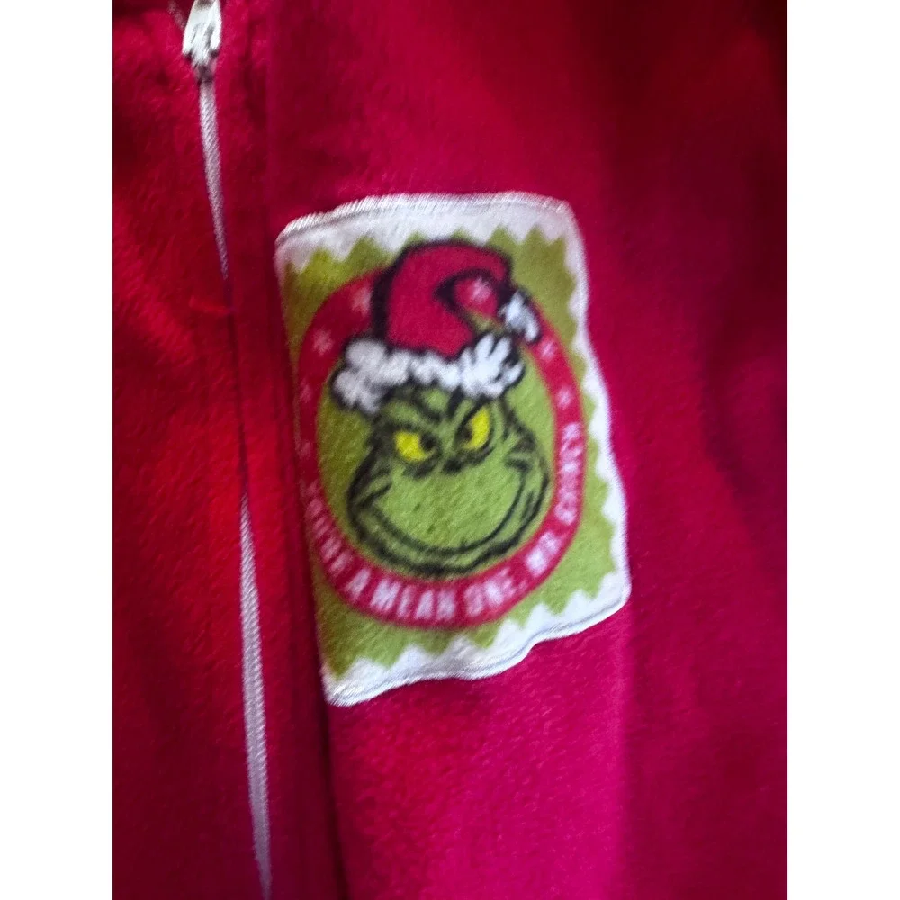 Dr Seuss The Grinch Kids Hooded Fleece Union Suit Pajamas Red Green Size M 8